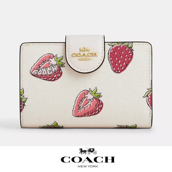 🍓Coach Medium Corner Zip Wallet With Strawberry Print - Picture 1 of 8